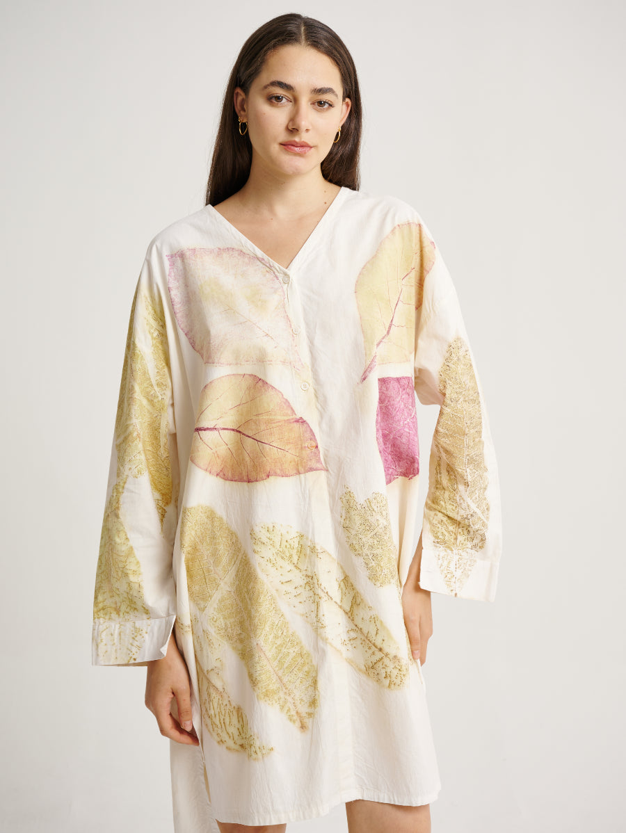 White Dress Jati Plant Base Scattered Pattern Eco Print V-neck Long Sleeve