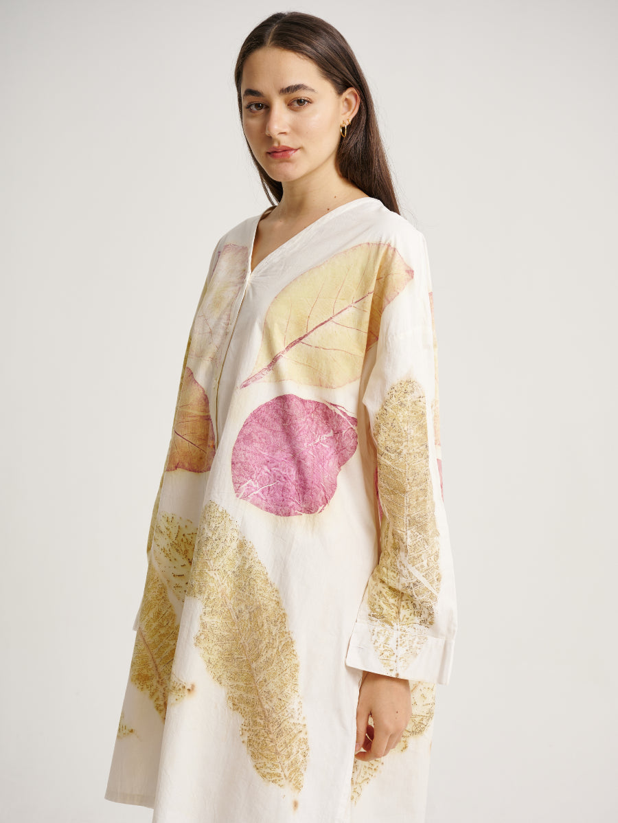 White Dress Jati Plant Base Scattered Pattern Eco Print V-neck Long Sleeve