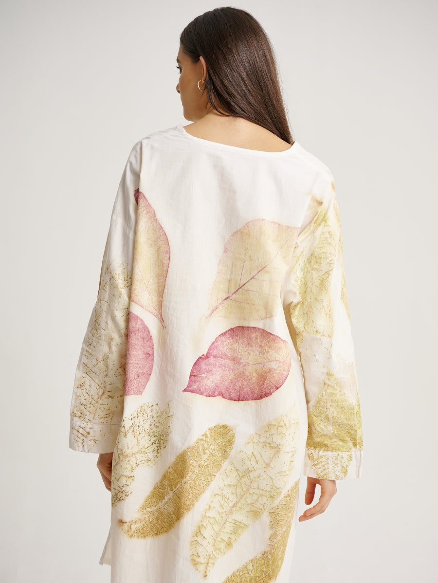 White Dress Jati Plant Base Scattered Pattern Eco Print V-neck Long Sleeve