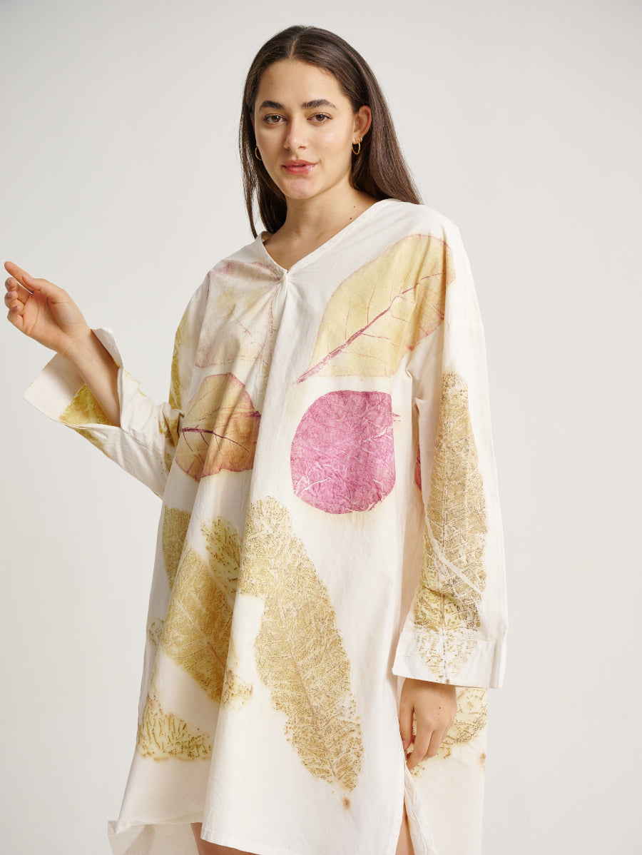 White Dress Jati Plant Base Scattered Pattern Eco Print V-neck Long Sleeve