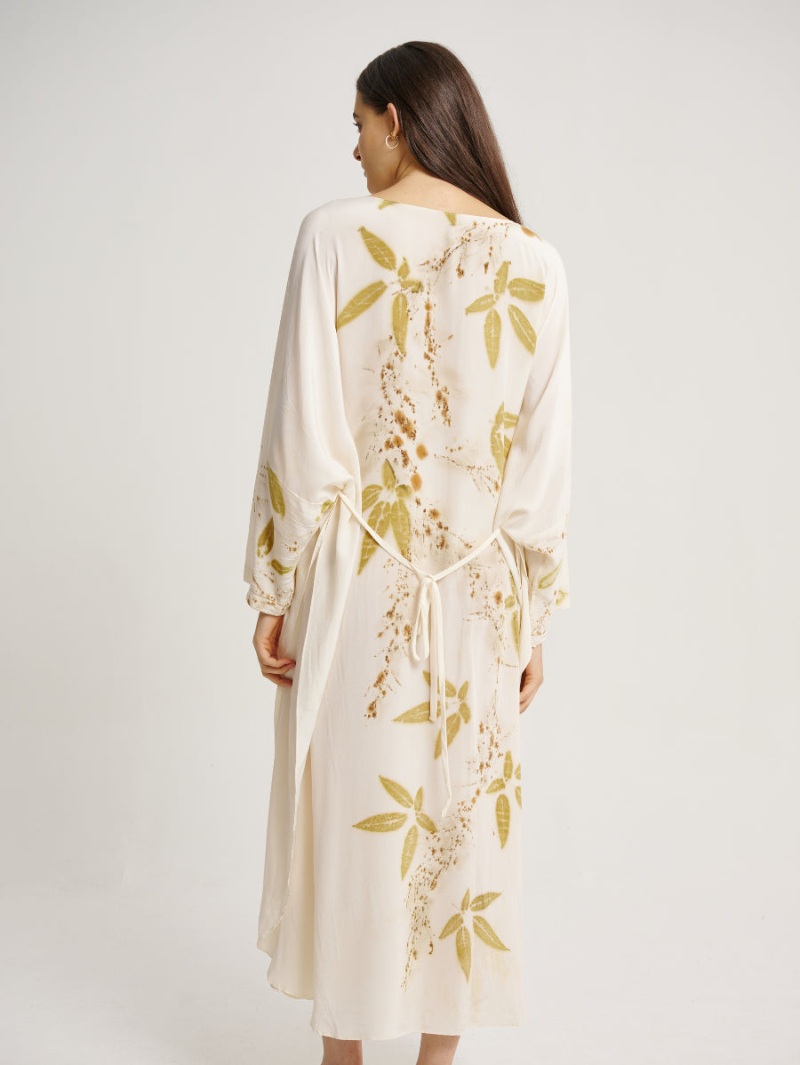 Eco Print Lemuni Plant Base Back Scattered Pattern Long Sleeve Kaftan Dress