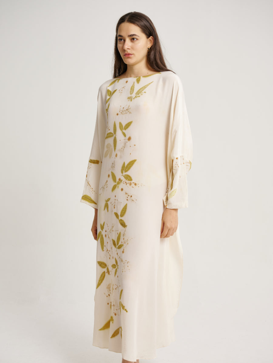 Eco Print Lemuni Plant Base Back Scattered Pattern Long Sleeve Kaftan Dress