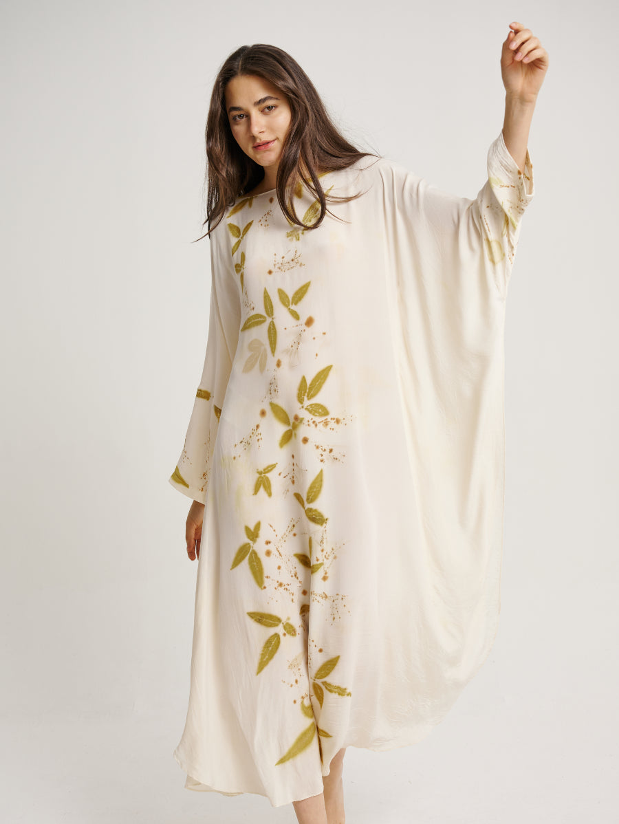 Eco Print Lemuni Plant Base Back Scattered Pattern Long Sleeve Kaftan Dress