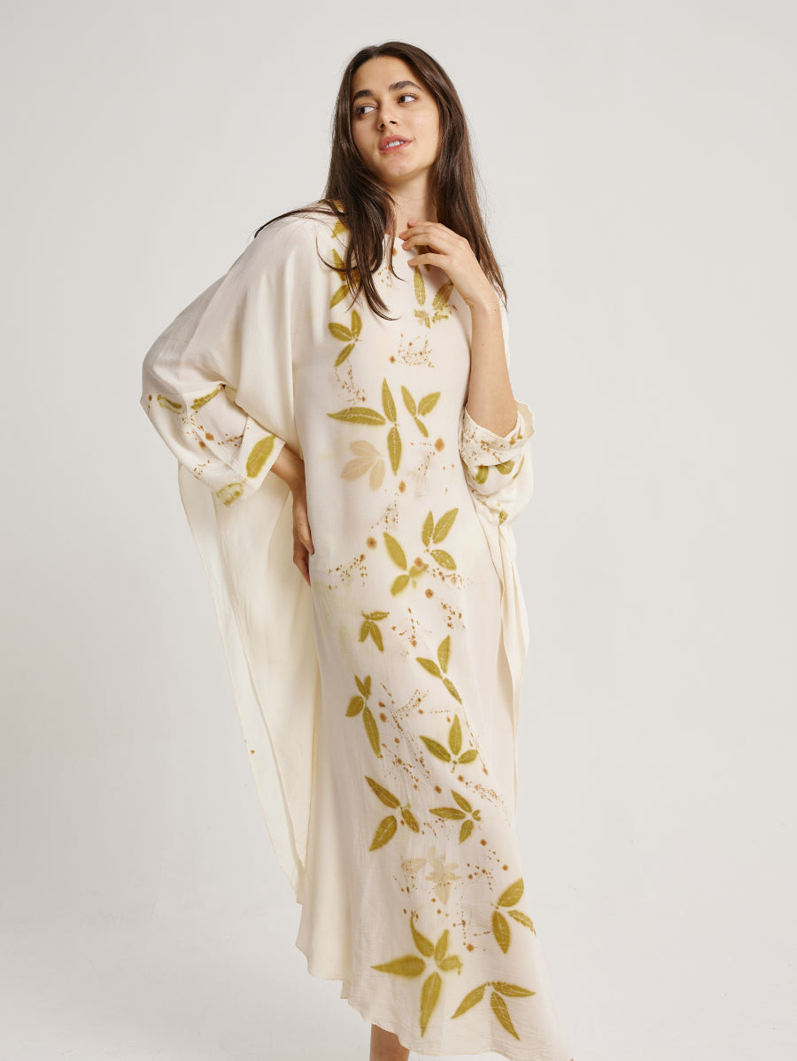 Eco Print Lemuni Plant Base Back Scattered Pattern Long Sleeve Kaftan Dress