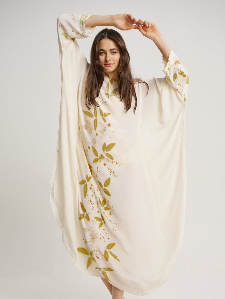 Eco Print Lemuni Plant Base Back Scattered Pattern Long Sleeve Kaftan Dress