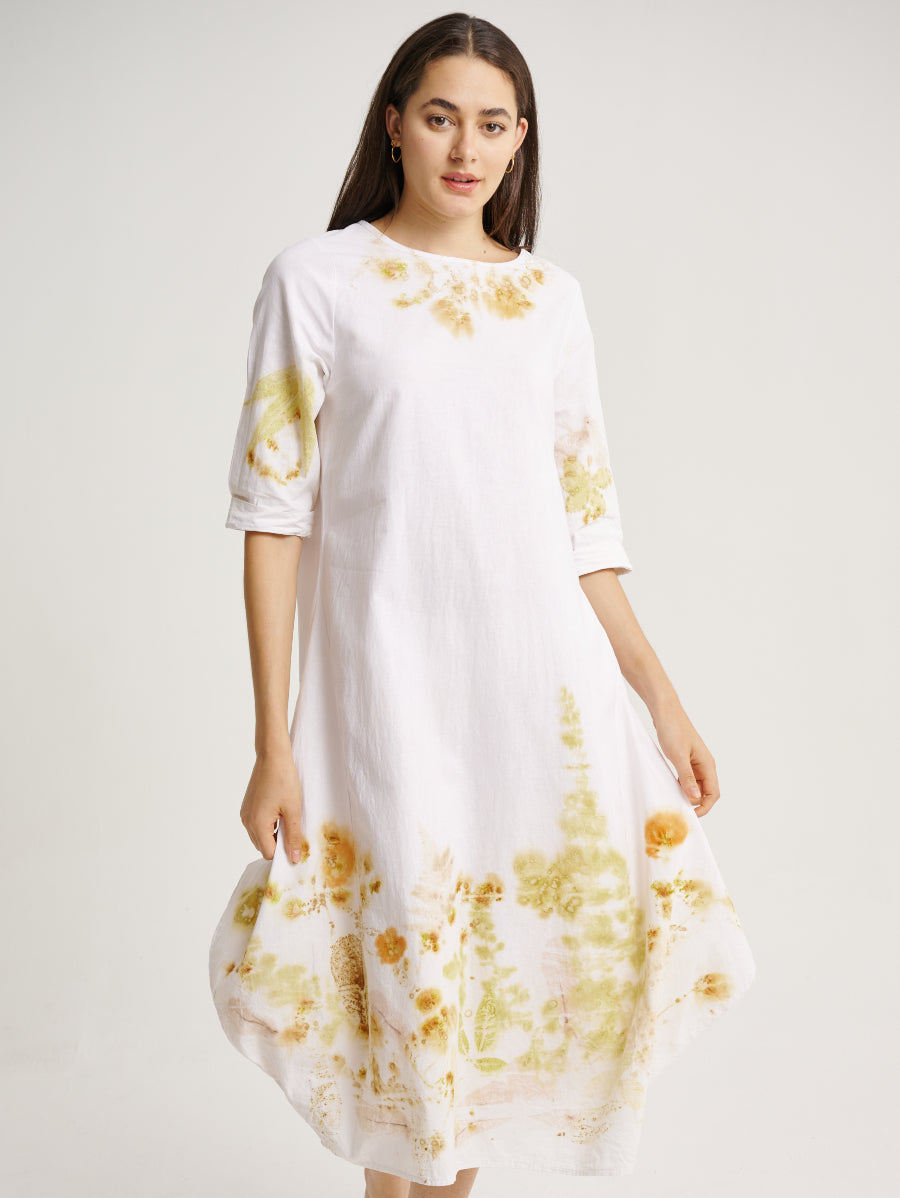 Eco Print Lemuni and Cosmos Plant Base Scattered Pattern 3/4 Sleeves White Dress