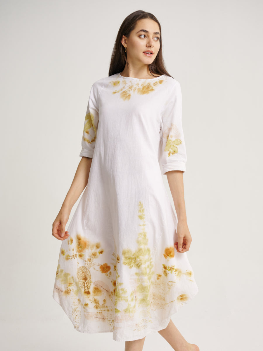 Eco Print Lemuni and Cosmos Plant Base Scattered Pattern 3/4 Sleeves White Dress
