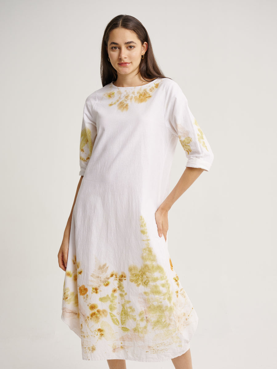 Eco Print Lemuni and Cosmos Plant Base Scattered Pattern 3/4 Sleeves White Dress