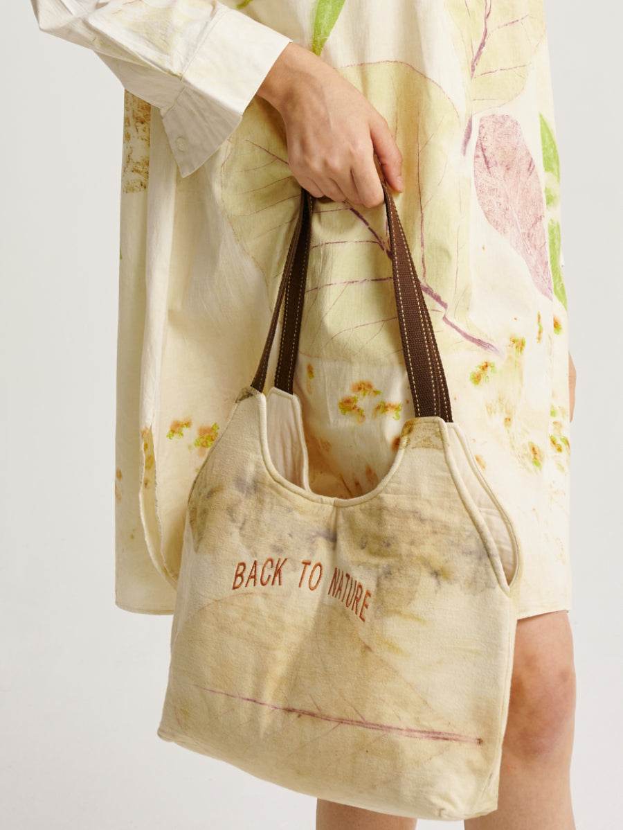 Eco Print Tote Bag Brown Dye with Wording