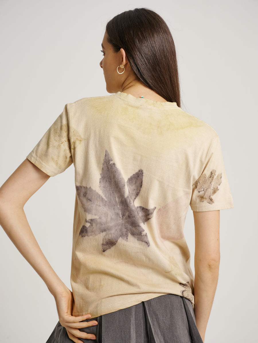 Natural Dye Jarak and Iron Water Plant Scattered Pattern Eco Print Short Sleeve T-shirt