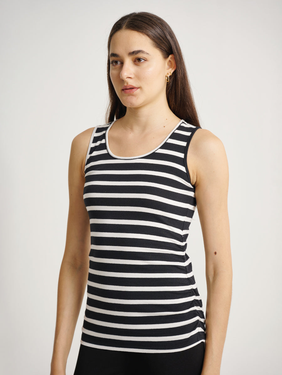 Side Ruched Sleeveless Black/White Strips Singlet