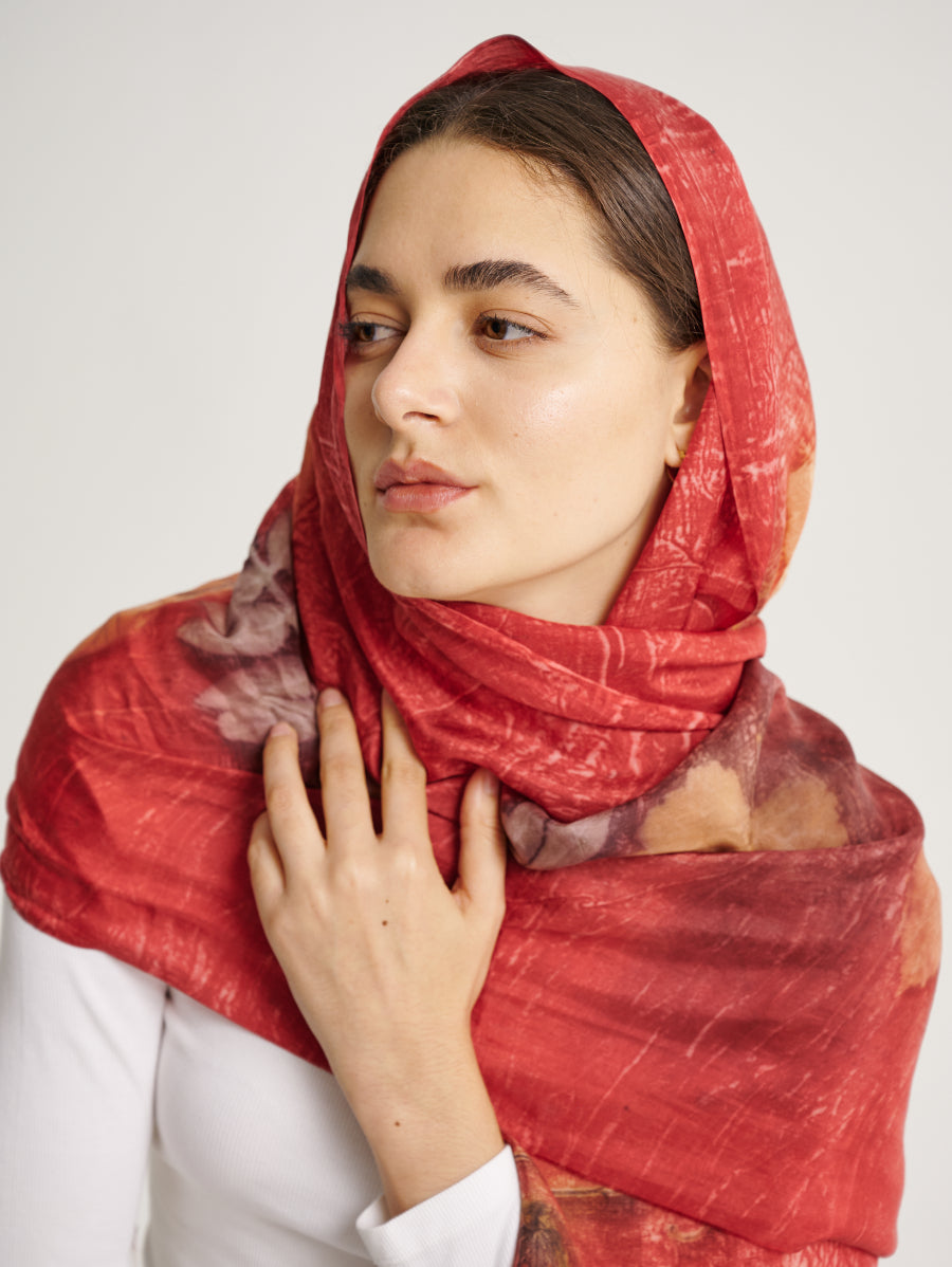 Natural Dye Secang With Jati and Eucalyptus Motif Eco Print Silk Scarf