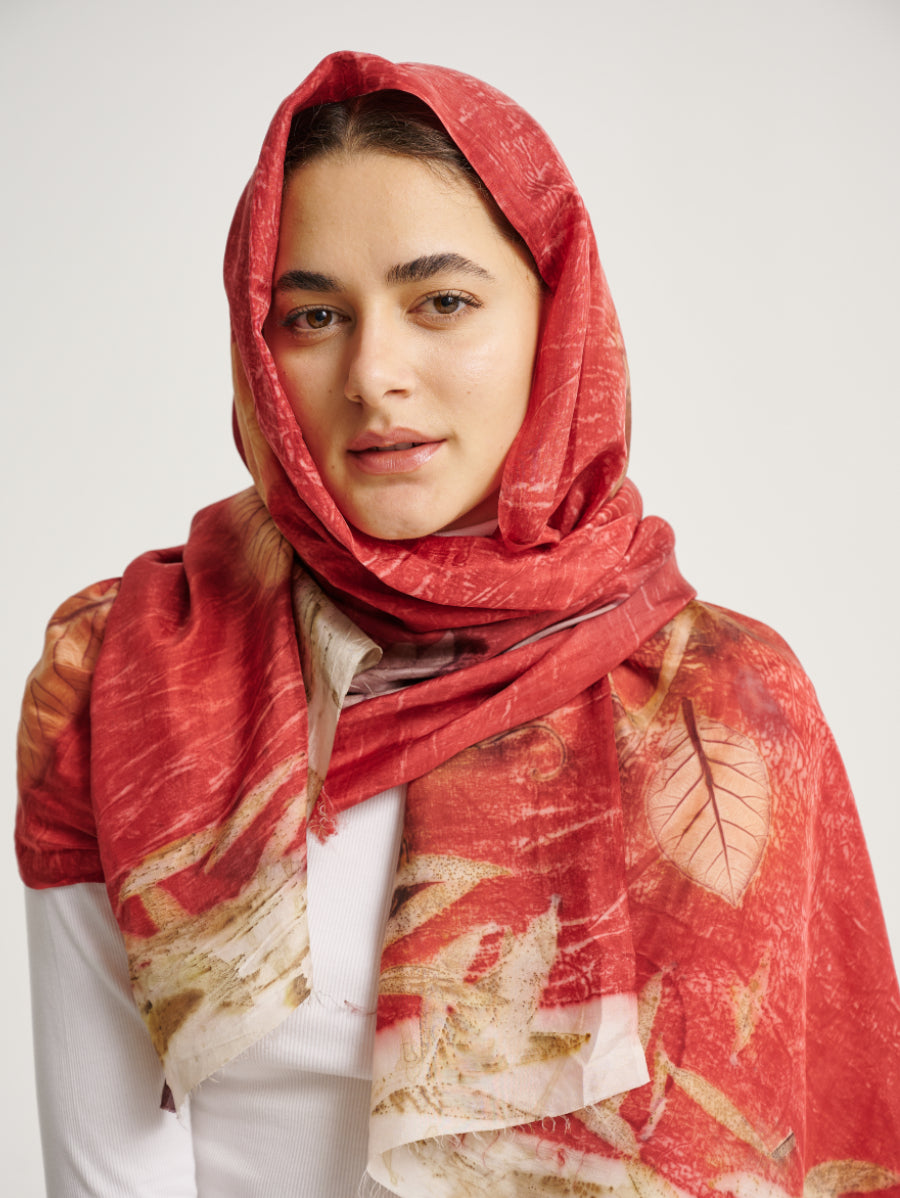 Natural Dye Secang With Jati and Eucalyptus Motif Eco Print Silk Scarf