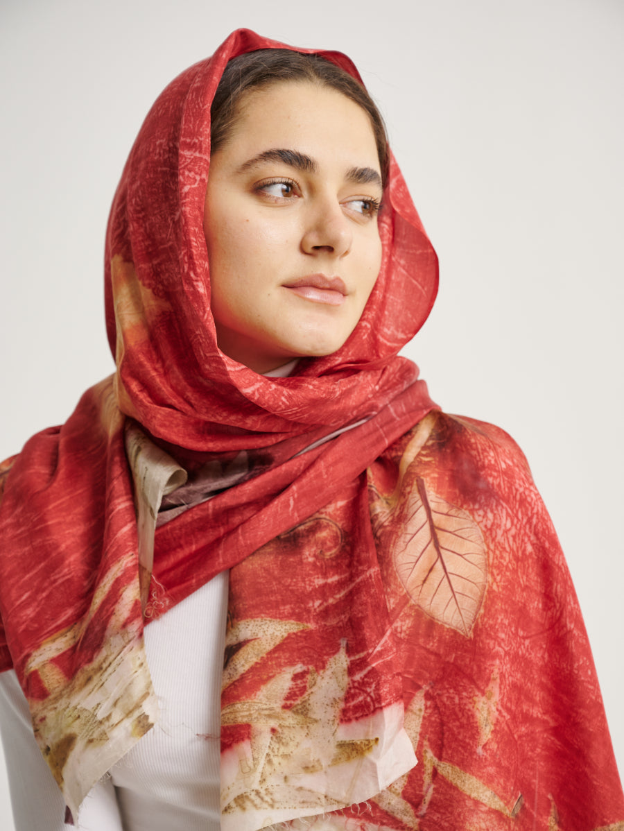 Natural Dye Secang With Jati and Eucalyptus Motif Eco Print Silk Scarf