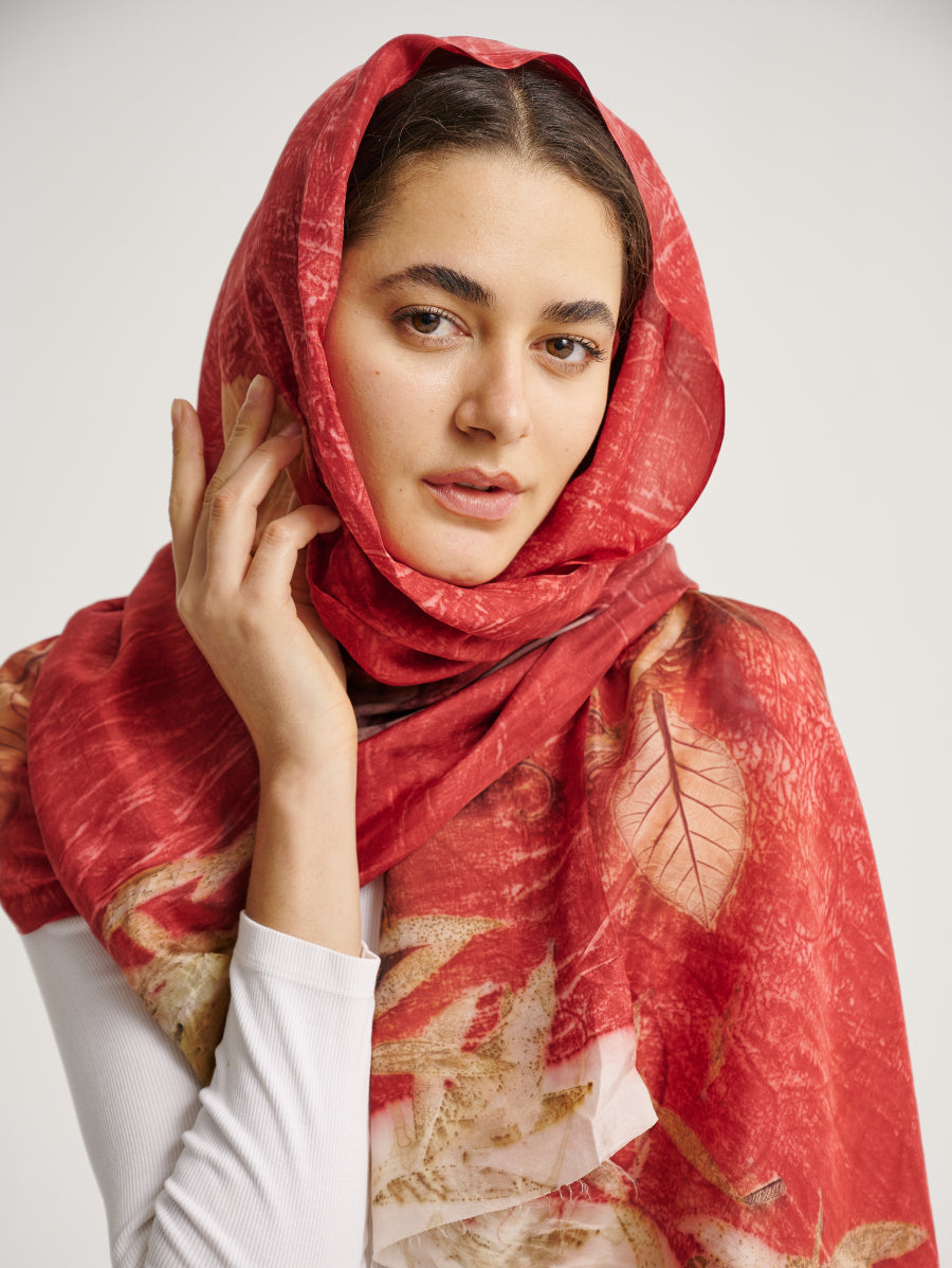 Natural Dye Secang With Jati and Eucalyptus Motif Eco Print Silk Scarf