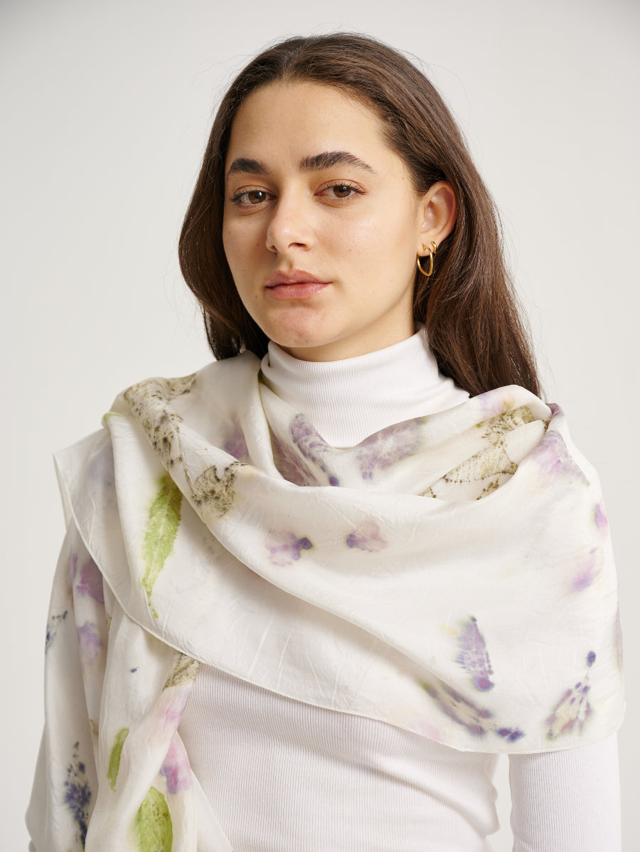 Pastel White Bagonia (Leaf) Motif Eco Print Silk Scarf