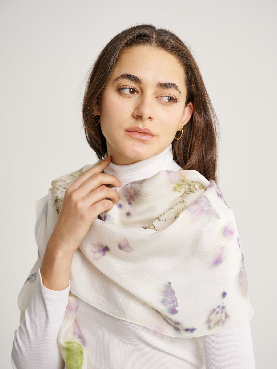 Pastel White Bagonia (Leaf) Motif Eco Print Silk Scarf