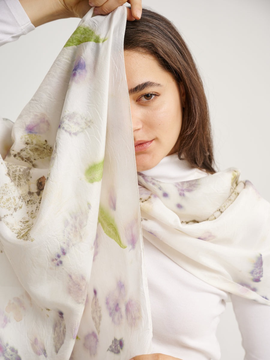 Pastel White Bagonia (Leaf) Motif Eco Print Silk Scarf