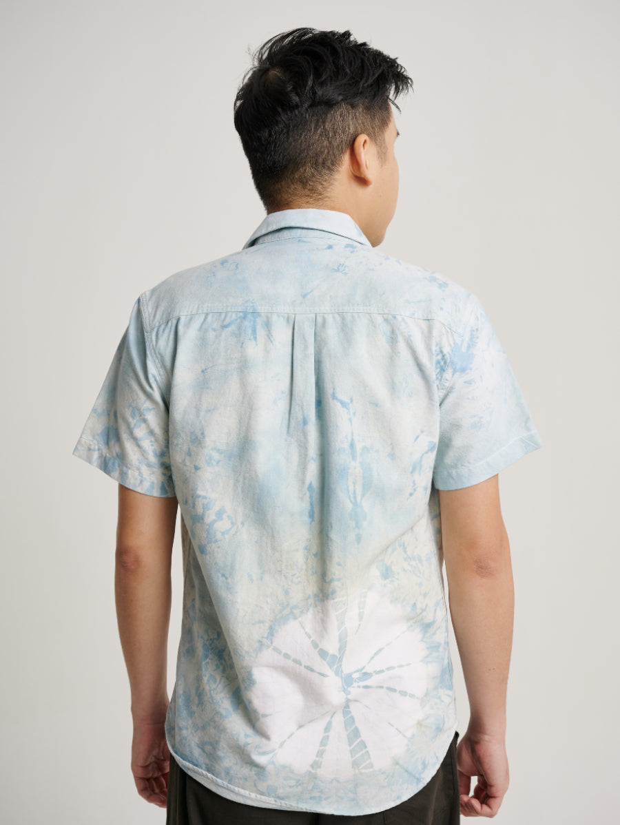 Blue Tie Dye Indigo Plant Snow Scrap and Square Pattern Men Short Sleeve T-shirt