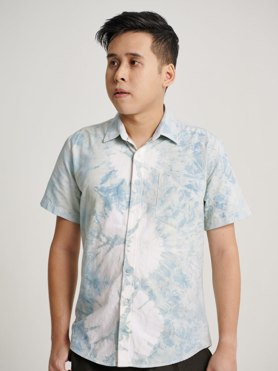 Blue Tie Dye Indigo Plant Snow Scrap and Square Pattern Men Short Sleeve T-shirt