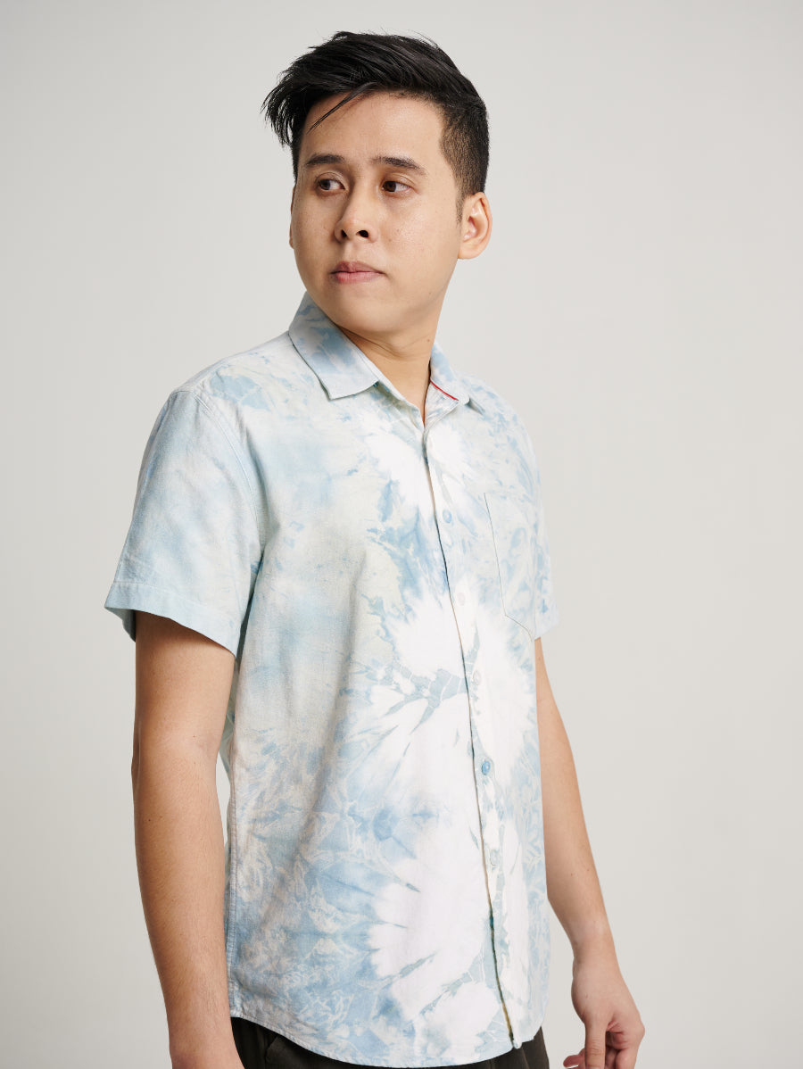 Blue Tie Dye Indigo Plant Snow Scrap and Square Pattern Men Short Sleeve T-shirt