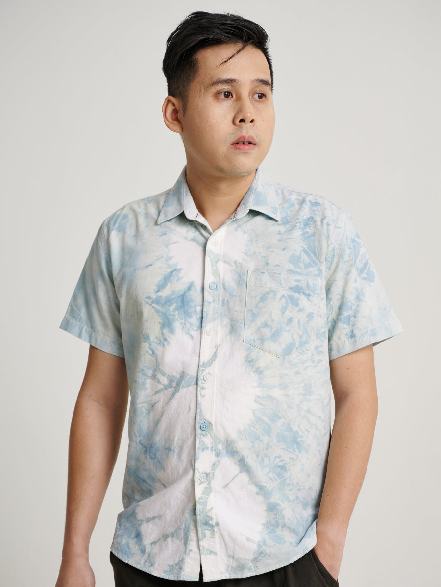 Blue Tie Dye Indigo Plant Snow Scrap and Square Pattern Men Short Sleeve T-shirt