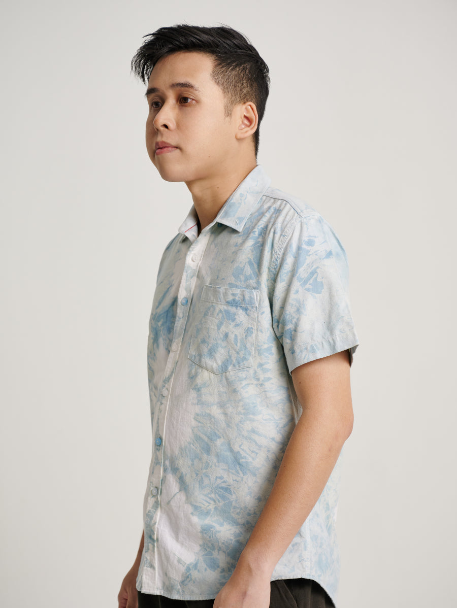 Blue Tie Dye Indigo Plant Snow Scrap and Square Pattern Men Short Sleeve T-shirt