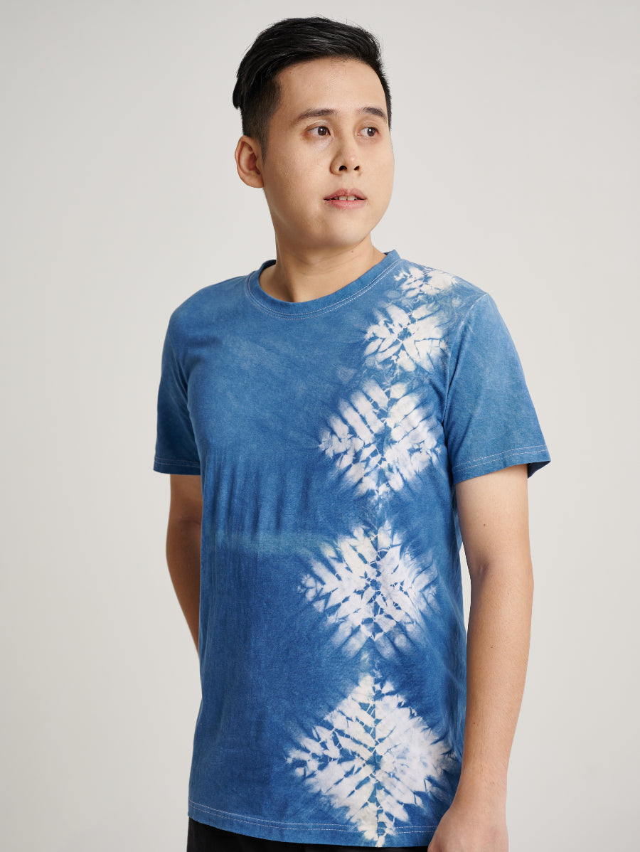 Blue Tie Dye Indigo Plant Square Pattern Men Short Sleeve T-shirt