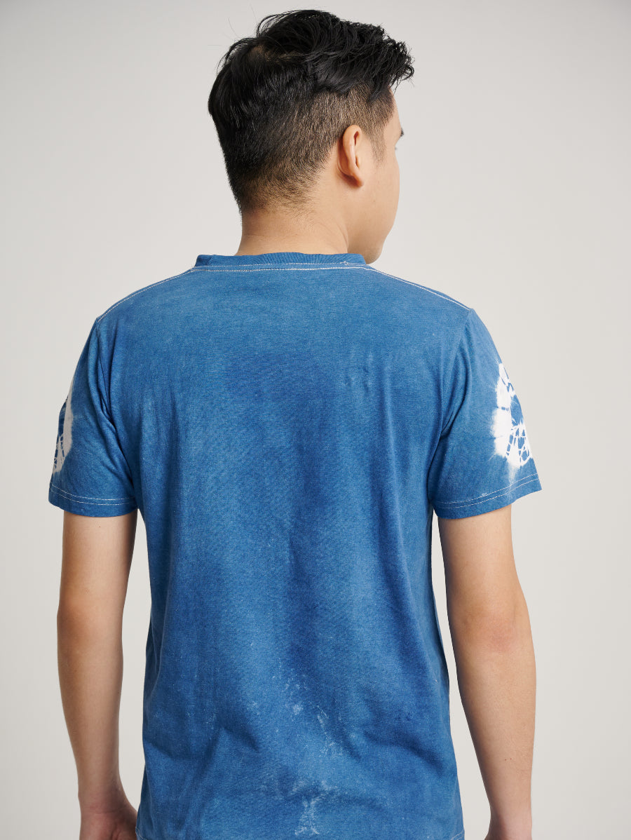 Blue Tie Dye Indigo Plant Web Pattern Men Short Sleeve T-shirt