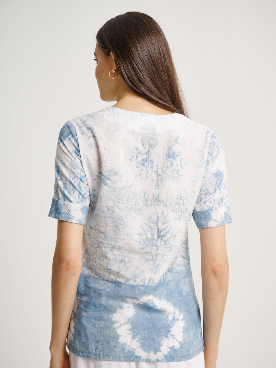 Blue Tie Dye Indigo Plant Big Diamond Pattern Short Sleeves Blouse