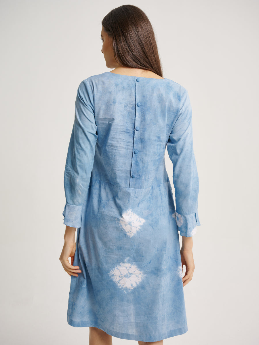 Blue Tie Dye Long Sleeves Dress Indigo Plant Diamond Pattern