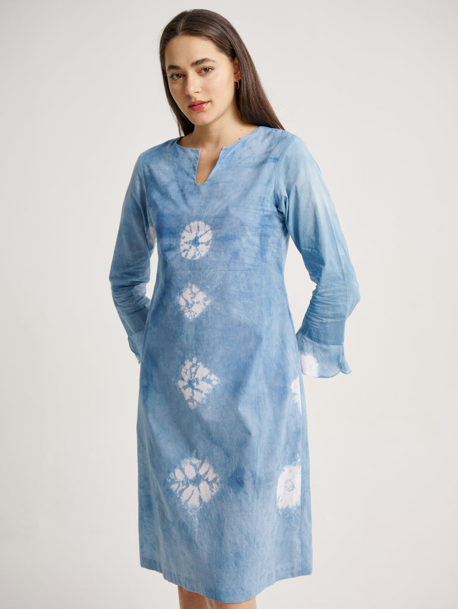 Blue Tie Dye Long Sleeves Dress Indigo Plant Diamond Pattern