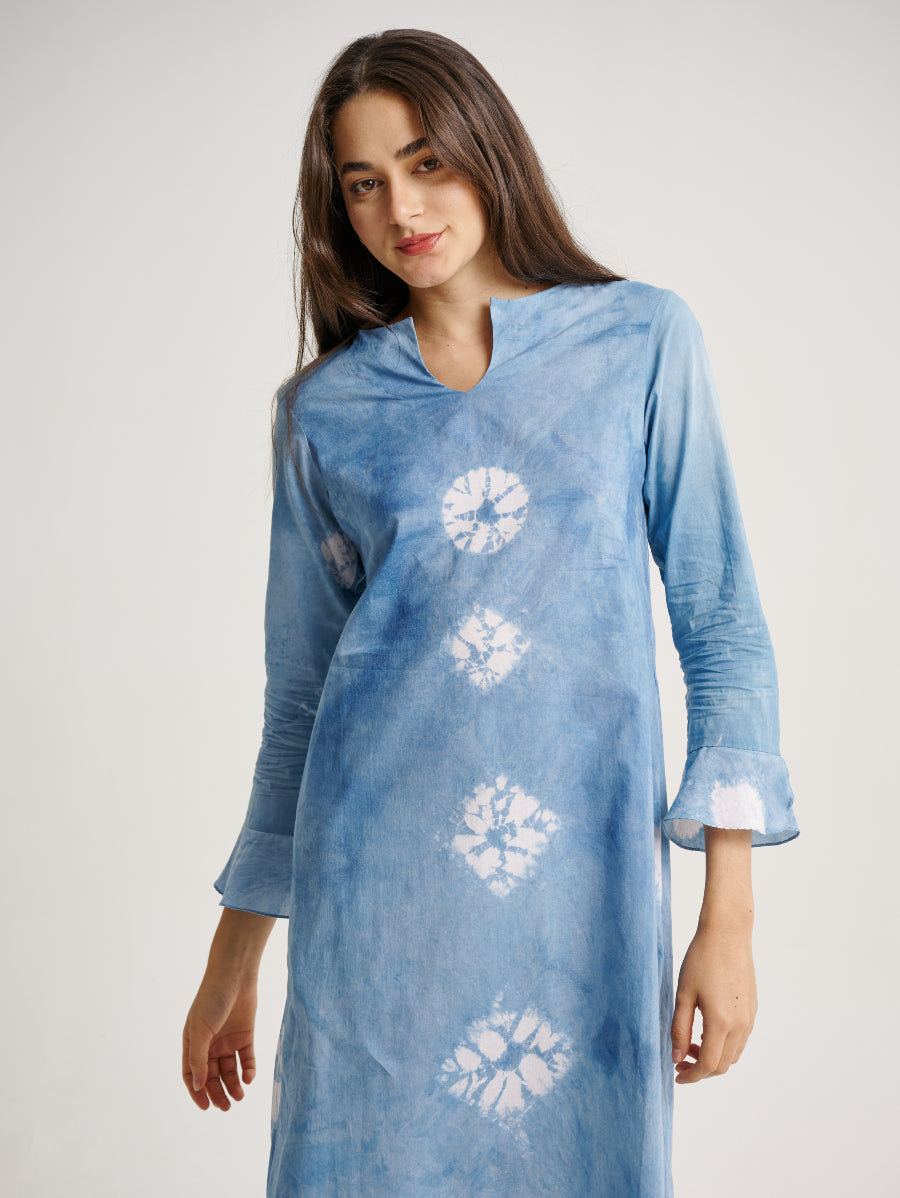 Blue Tie Dye Long Sleeves Dress Indigo Plant Diamond Pattern