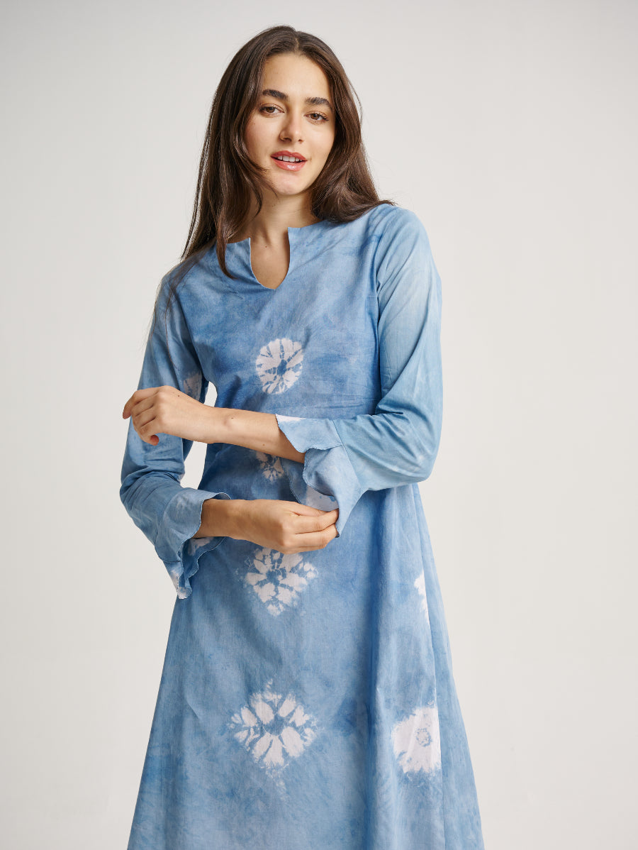 Blue Tie Dye Long Sleeves Dress Indigo Plant Diamond Pattern