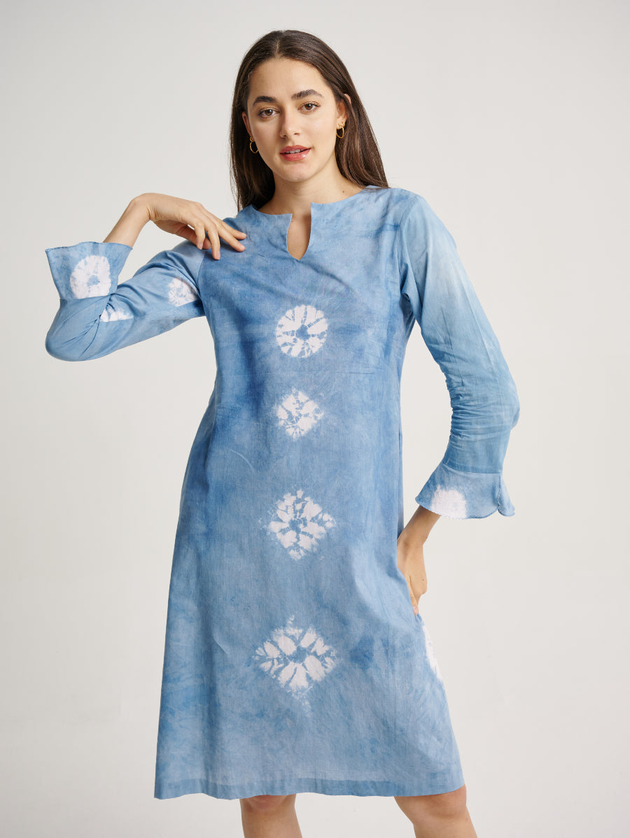 Blue Tie Dye Long Sleeves Dress Indigo Plant Diamond Pattern