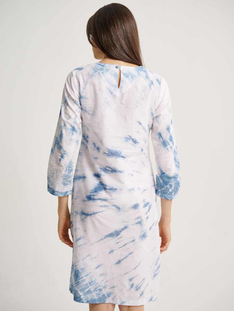 Blue Tie Dye Dress Indigo Plant Whirl Pattern Round Neck 3/4 Sleeves