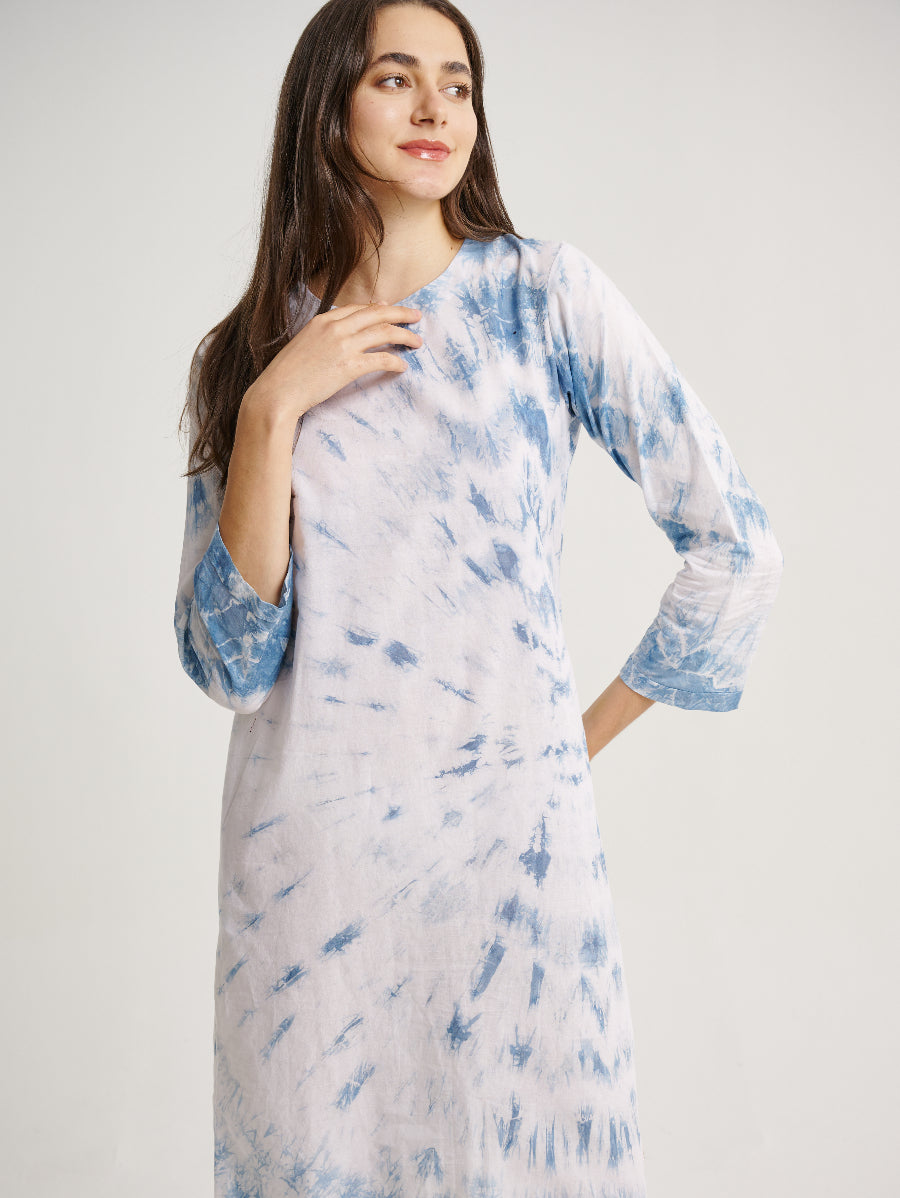 Blue Tie Dye Dress Indigo Plant Whirl Pattern Round Neck 3/4 Sleeves