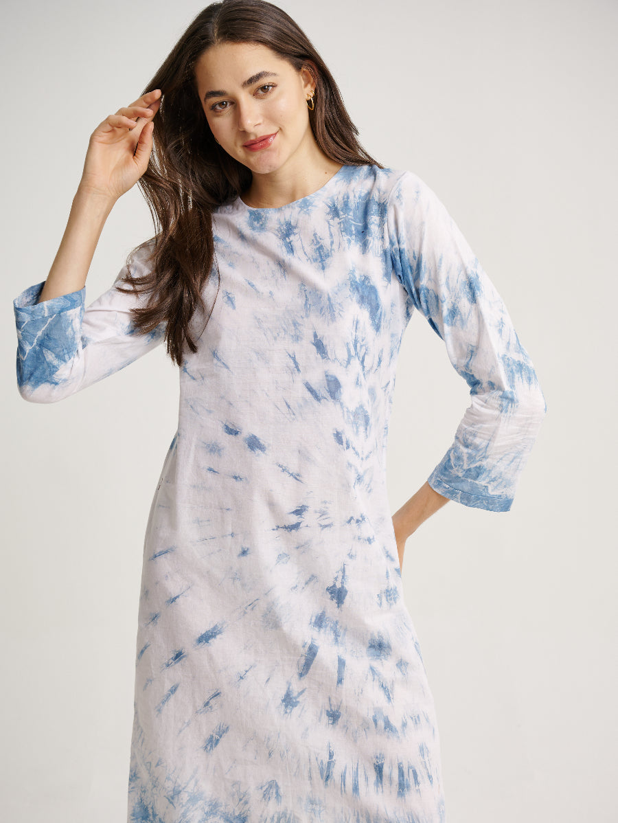 Blue Tie Dye Dress Indigo Plant Whirl Pattern Round Neck 3/4 Sleeves