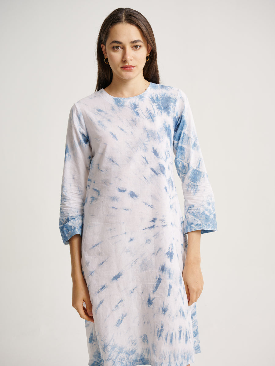 Blue Tie Dye Dress Indigo Plant Whirl Pattern Round Neck 3/4 Sleeves