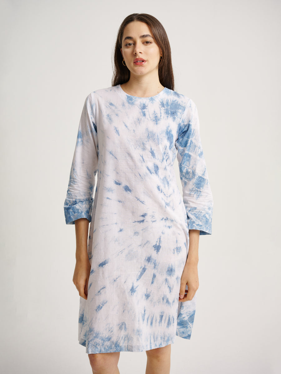 Blue Tie Dye Dress Indigo Plant Whirl Pattern Round Neck 3/4 Sleeves