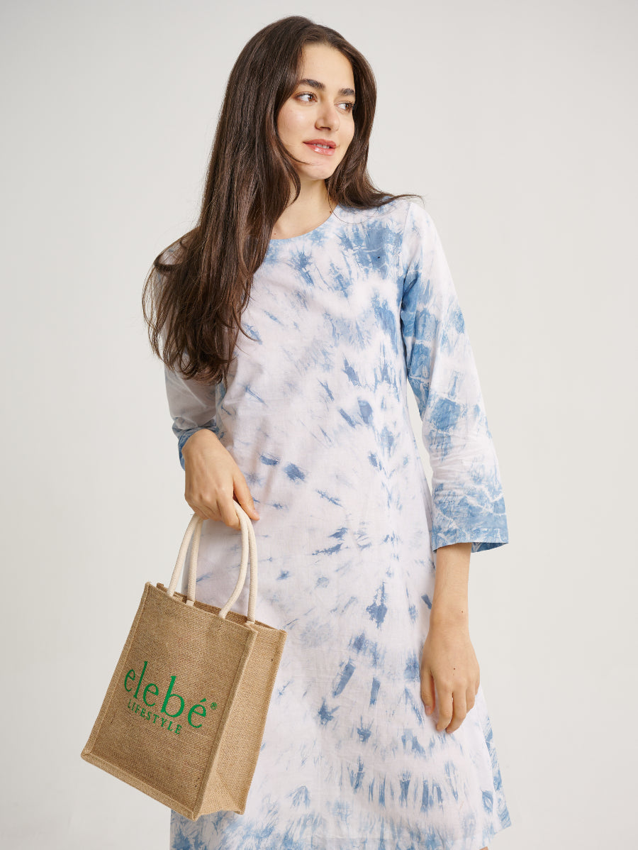 Blue Tie Dye Dress Indigo Plant Whirl Pattern Round Neck 3/4 Sleeves