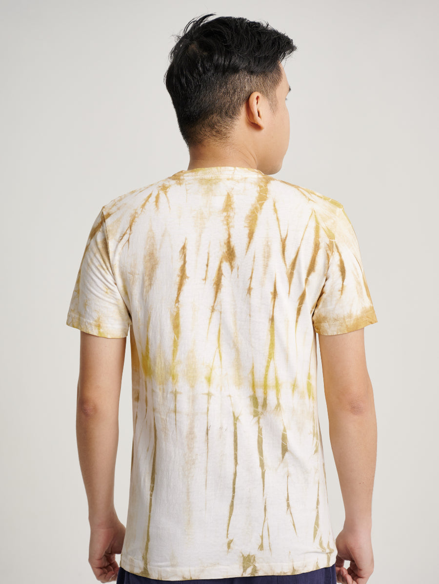 Brown Tie Dye Cap Jasmin Plant Strip Pattern Men Short Sleeve T-shirt
