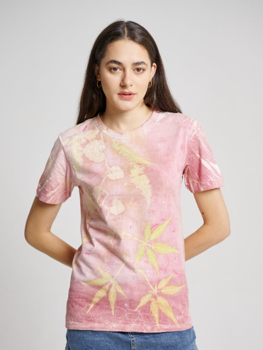 Pink Natural Dye Secang Plant Scattered Pattern Eco Print Short Sleeve T-shirt