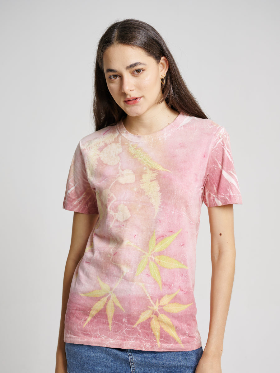 Pink Natural Dye Secang Plant Scattered Pattern Eco Print Short Sleeve T-shirt