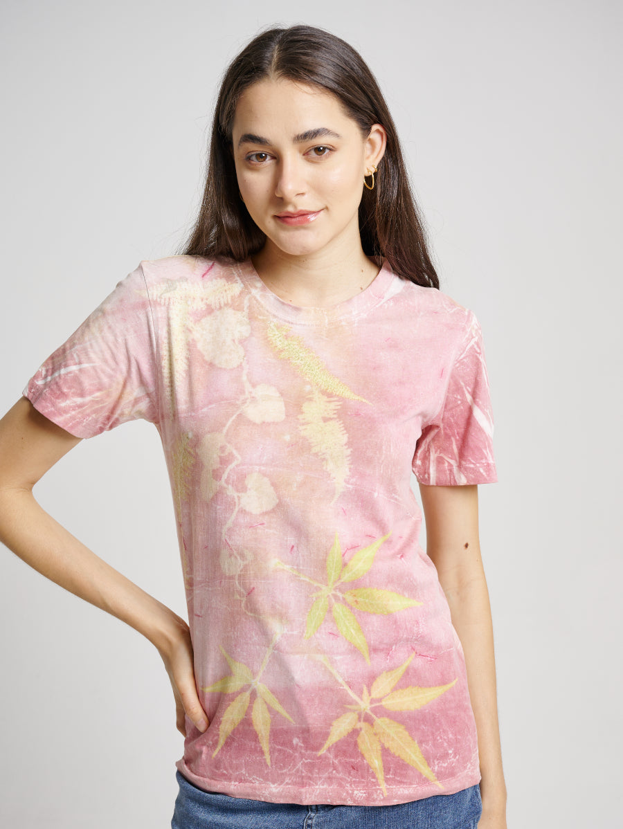 Pink Natural Dye Secang Plant Scattered Pattern Eco Print Short Sleeve T-shirt