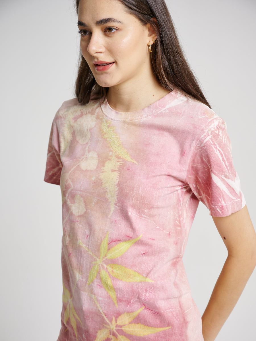 Pink Natural Dye Secang Plant Scattered Pattern Eco Print Short Sleeve T-shirt