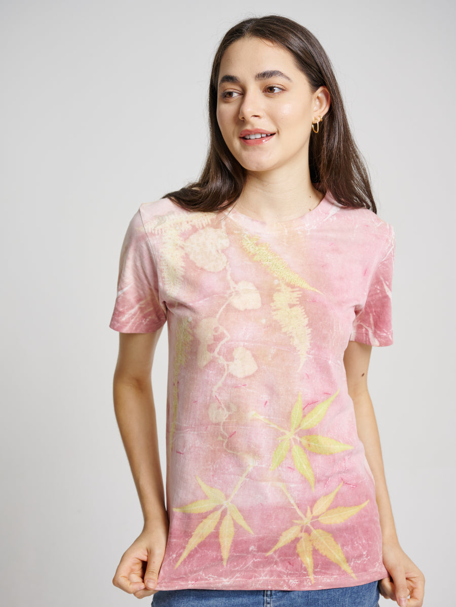 Pink Natural Dye Secang Plant Scattered Pattern Eco Print Short Sleeve T-shirt