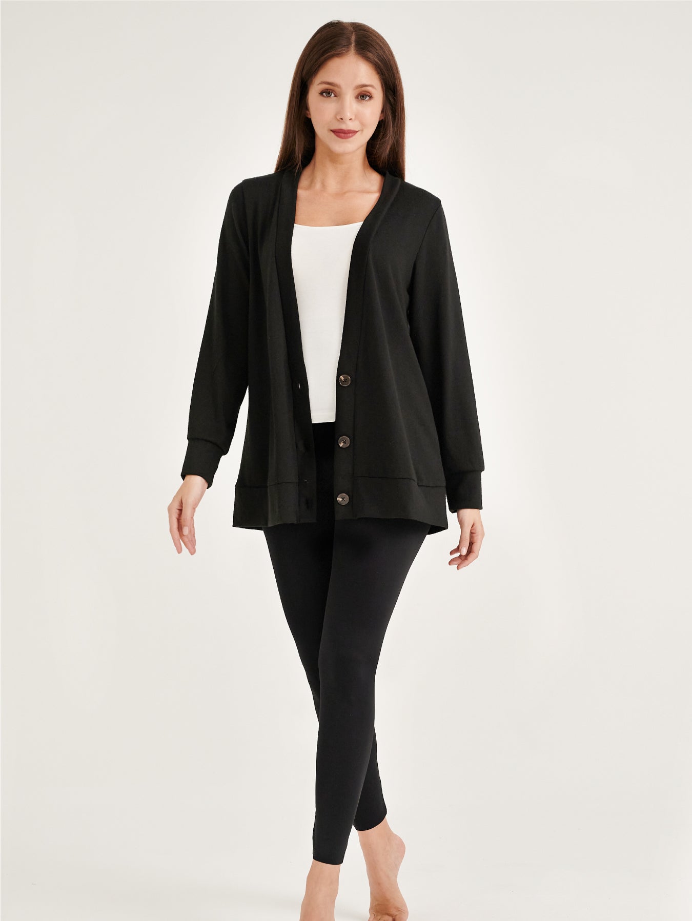 Black Ribbed Button Up Dropped Shoulder Cardigan