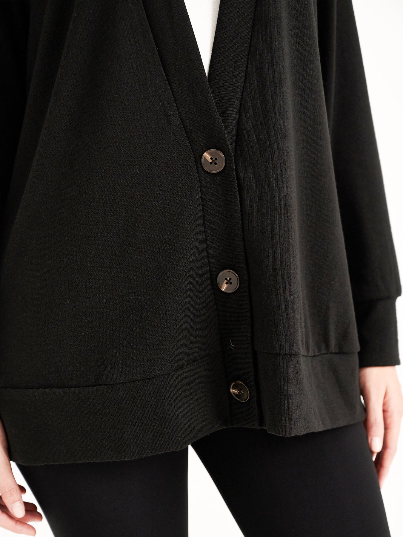 Black Ribbed Button Up Dropped Shoulder Cardigan