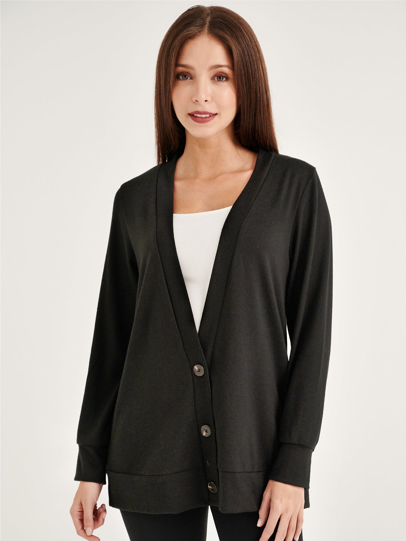 Black Ribbed Button Up Dropped Shoulder Cardigan